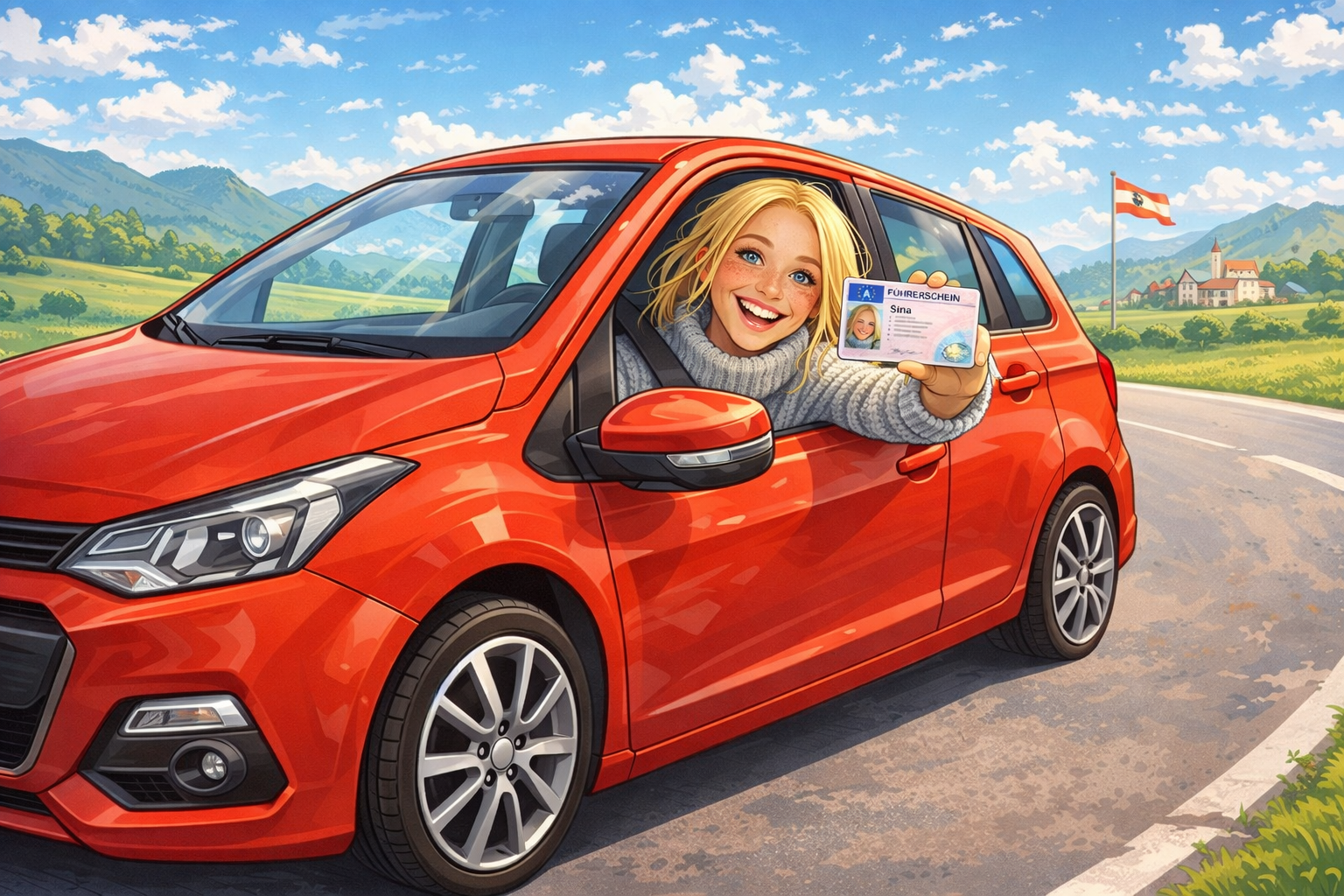 Sina im roten Auto mit Führerschein (Illustration)